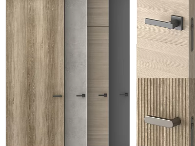 Modern Entrance Doors With Wooden Striped Panels Gray Beige Colors And Metal Handles 3d model