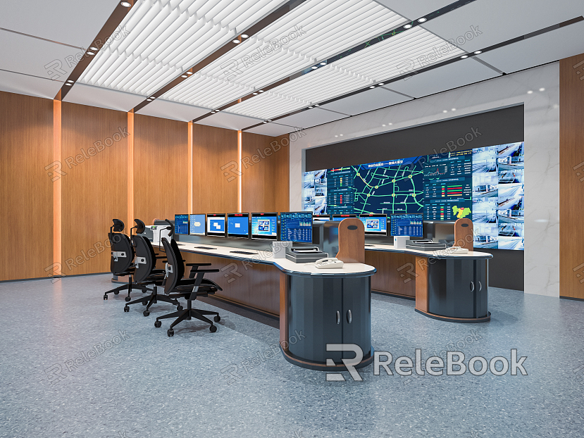 Modern monitoring room Command control room Dispatching command center Monitoring hall Command hall Office desks and chairs model