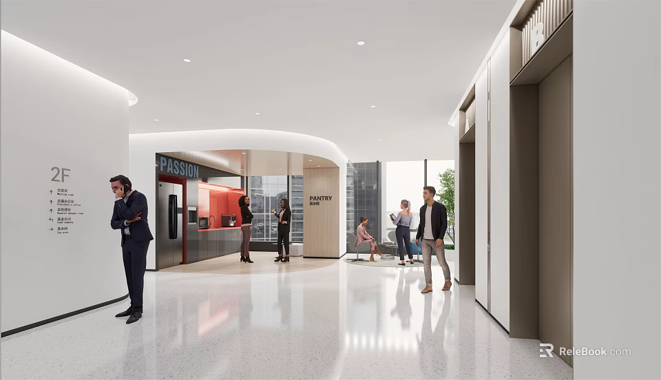 Modern Bright Tea Room Interior With Coffee Machine Seating Area And Natural Light 3d model