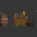 Rustic Kitchen Setup With Wooden Barrel Chest Chopsticks Food Plate Clay Pot Eggs And Vegetables
