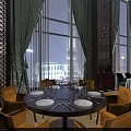 Elegant Restaurant Interior With Round Dining Table White Plates Orange Chairs Large Windows Night View