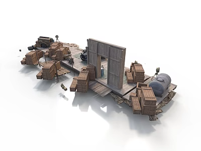 Modern 3D Wooden Scene With Platform Crates Pipes Wall Door And Gray Floor 3d model