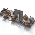 Modern 3D Wooden Scene With Platform Crates Pipes Wall Door And Gray Floor