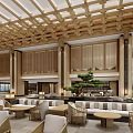 Elegant Hotel Lobby Interior With Wooden Ceiling Grid Comfortable Sofa Seating And Green Plants