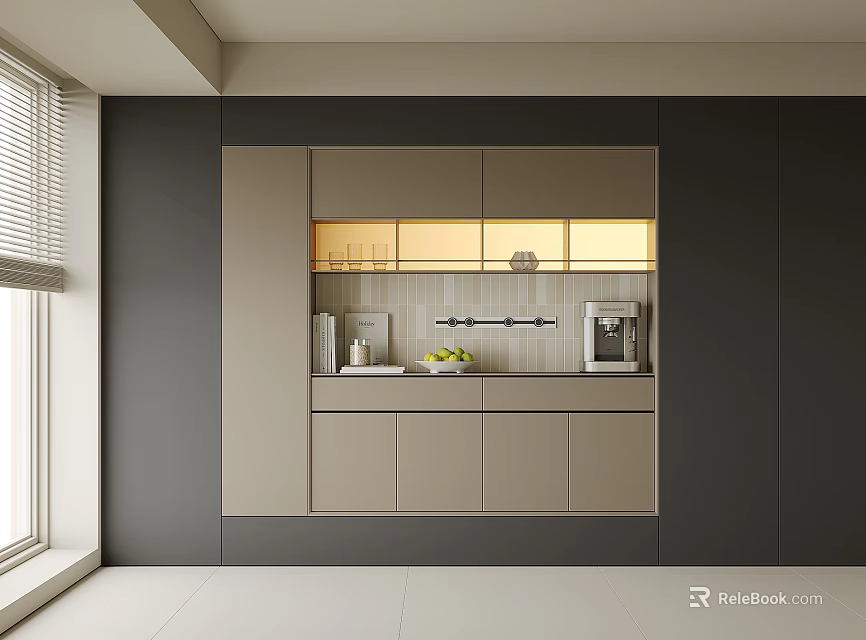 Modern Kitchen Sideboard With Glass Doors Lighting Storage And Coffee Machine 3d model 