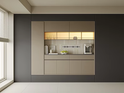 Modern Kitchen Sideboard With Glass Doors Lighting Storage And Coffee Machine 3d model