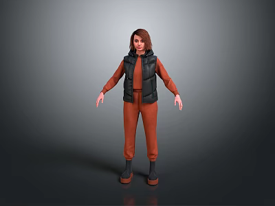 Woman In Casual Black Vest And Orange Pants Standing With Arms Slightly Outstretched 3d model