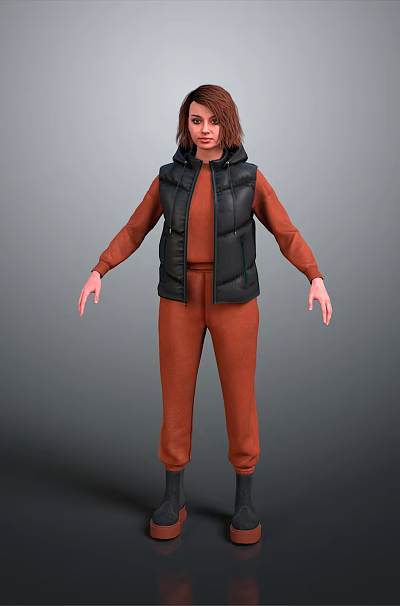 Woman In Casual Black Vest And Orange Pants Standing With Arms Slightly Outstretched 3d model