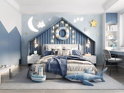 Blue Nautical Kids Room Interior With Moon Star Decor Lifebuoy Accent And Shark Plush Toy 3d model