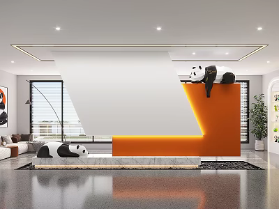 Modern Interior Space With Panda Decorations On Orange And White Geometric Wall Sofa And Plants 3d model