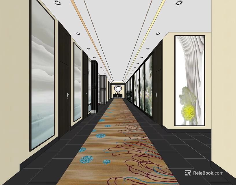 Spacious Elevator Hallway With Decorative Paintings Patterned Carpet And Modern Lighting 3d model