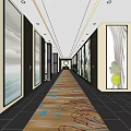 Spacious Elevator Hallway With Decorative Paintings Patterned Carpet And Modern Lighting 3d model