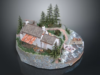 Miniature Cottage Scene With Pine Trees Winding Path Flowing Stream On Circular Stone Base 3d model