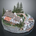 Miniature Cottage Scene With Pine Trees Winding Path Flowing Stream On Circular Stone Base