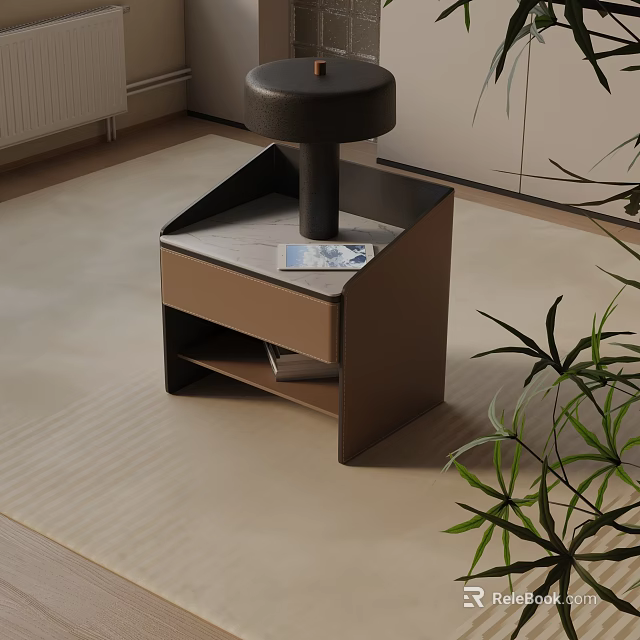 Modern Brown Nightstand With Open Shelf And Decorative Book Near Green Plant 3d model 