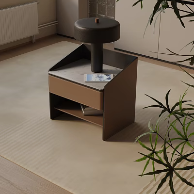 Modern Brown Nightstand With Open Shelf And Decorative Book Near Green Plant 3d model