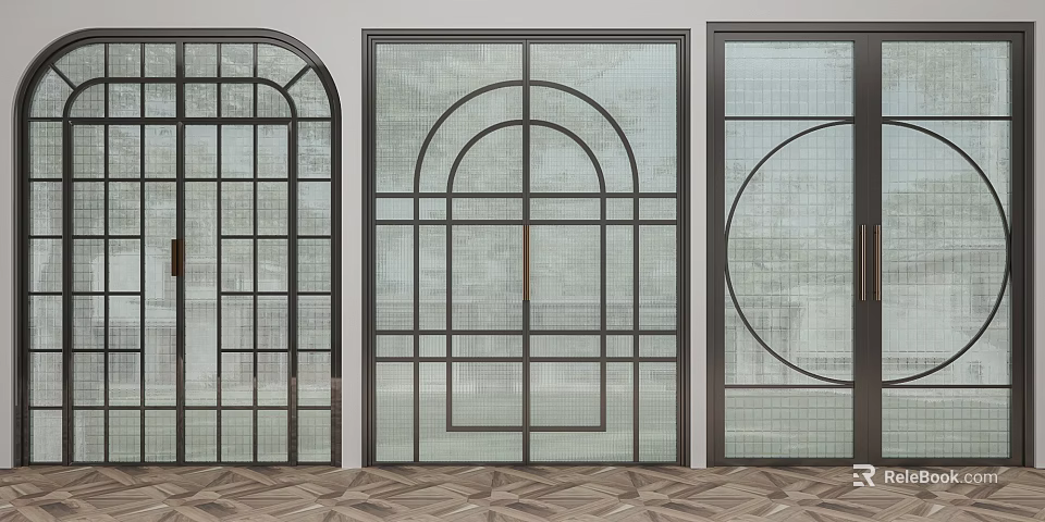 Modern Double Doors With Metal Frame Arched Design And Frosted Glass Panels 3d model 