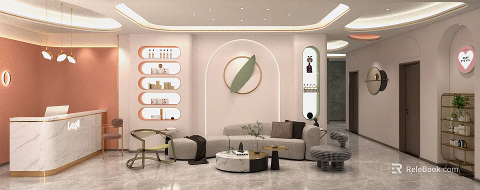 Modern Beauty Hair Salon Interior Featuring Comfortable Sofa Coffee Tables Decorative Shelves And Wall Art 3d model 