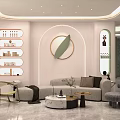 Modern Beauty Hair Salon Interior Featuring Comfortable Sofa Coffee Tables Decorative Shelves And Wall Art