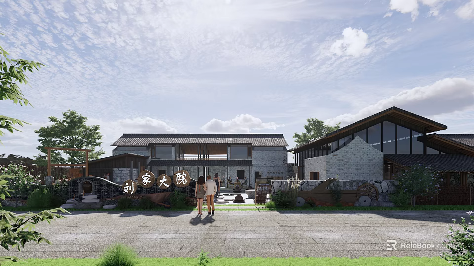 Traditional Homestay Building With Courtyard Trees Two People And Blue Sky White Clouds 3d model 