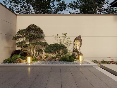 Tranquil Garden Landscape with Pruned Trees Large Stone Ground Lights and White Wall in Courtyard 3d model