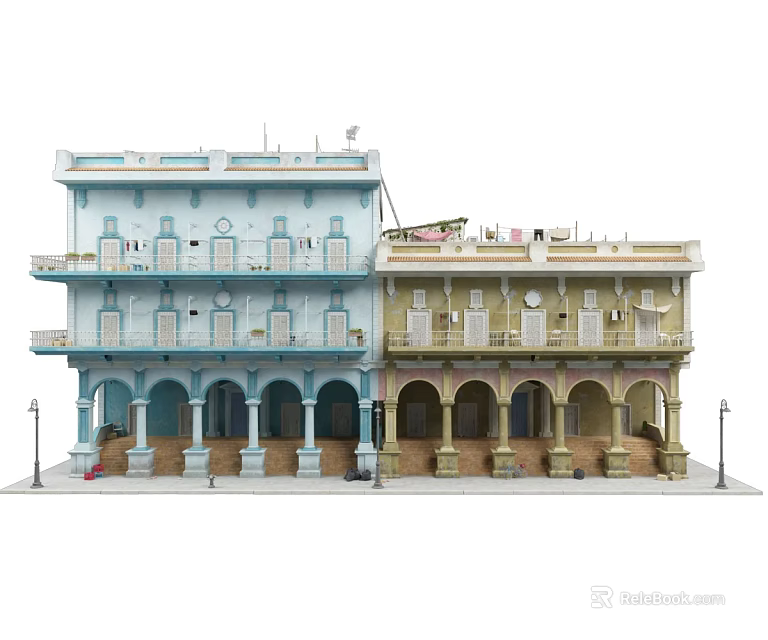 Detached Villa Exterior Design With Blue And Yellow Facade Arched Porches And Balconies 3d model 