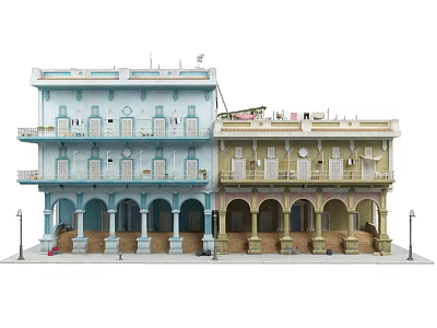Detached Villa Exterior Design With Blue And Yellow Facade Arched Porches And Balconies 3d model