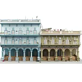 Detached Villa Exterior Design With Blue And Yellow Facade Arched Porches And Balconies