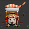 Adorable Sushi Themed Cart With Sushi Dog Decor And Wooden Stools