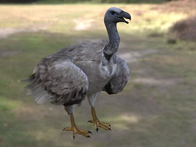 Gray Feathered Vulture With Long Neck And Yellow Talons Standing On Grassy Natural Habitat 3d model