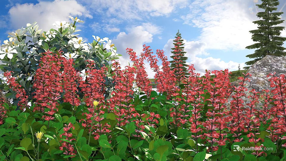 Vibrant Flowers And Lush Green Plants In Garden Under Blue Sky White Clouds 3d model 