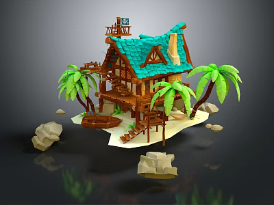Cartoon Style Tropical Island Scene With Wooden House Blue Roof Palm Trees And Rocks 3d model