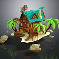 Cartoon Style Tropical Island Scene With Wooden House Blue Roof Palm Trees And Rocks