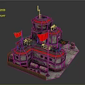 Cartoon Style Fortress Scene With Red Flags Multi Level Tower And Wooden Fence
