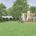 Outdoor Floral Installation With Wooden Frames Hanging White Purple Flowers And Green Grass