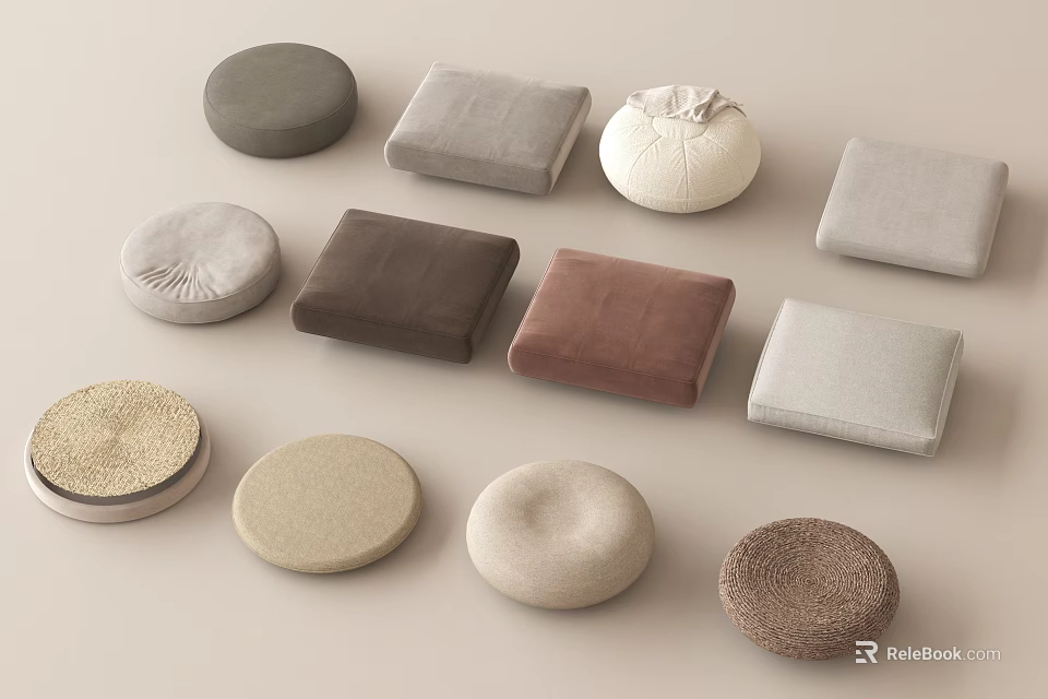 Soft Fabric Cushions with Various Shapes Including Round and Square in Neutral Tones 3d model 