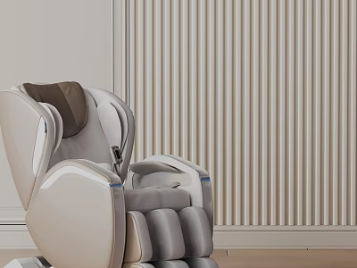 Sleek Modern Massage Chair With Ergonomic Design And Light Colored Upholstery Against Minimalist Striped Wall 3d model