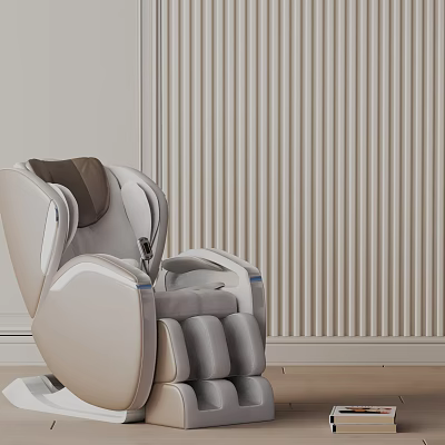 Sleek Modern Massage Chair With Ergonomic Design And Light Colored Upholstery Against Minimalist Striped Wall 3d model