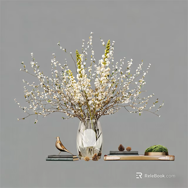 Decorative Glass Vase With White And Yellow Blossom Branches And Bird Figurine On Books 3d model 