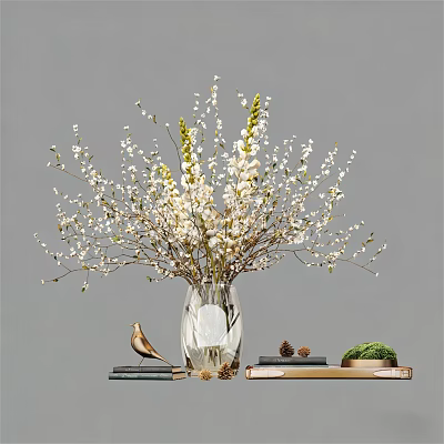 Decorative Glass Vase With White And Yellow Blossom Branches And Bird Figurine On Books 3d model