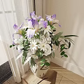 White Vase with Purple Irises White Flowers and Green Leaves on Wooden Table Near Curtain
