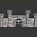 Stone Castle Gate With Four Towers And Arched Doorway Grille