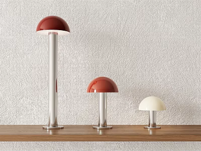 Red and White Dome Shaped Table Lamps on Wooden Shelf with Light Textured Wall 3d model