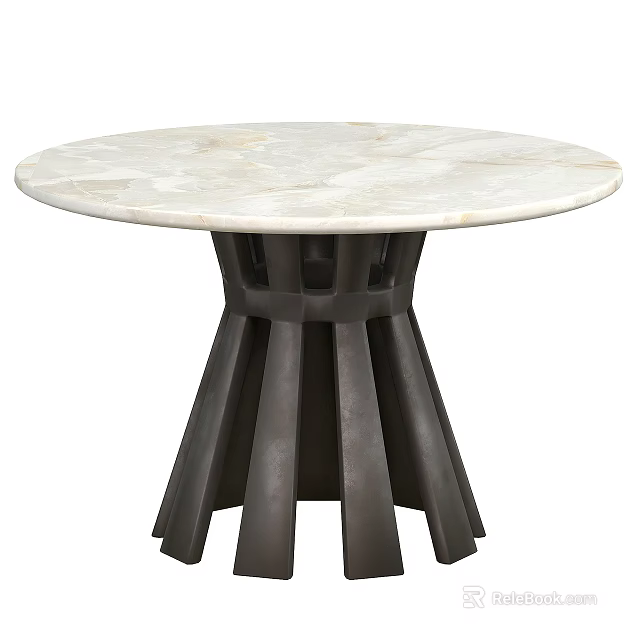 Modern Round Marble Top Dining Table With Black Geometric Pedestal Base Design 3d model 