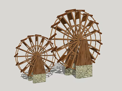 Two Wooden Water Wheels With Stone Bases As Garden Ornaments In Landscape 3d model
