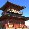 Ancient Chinese Architecture With Two Story Red Wooden Structure Overhanging Eaves And Black Tiles