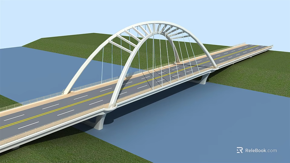 Modern White Arch Bridge Design Over Blue Water With Green Grass And Roadway 3d model 