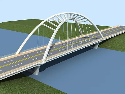 Modern White Arch Bridge Design Over Blue Water With Green Grass And Roadway 3d model