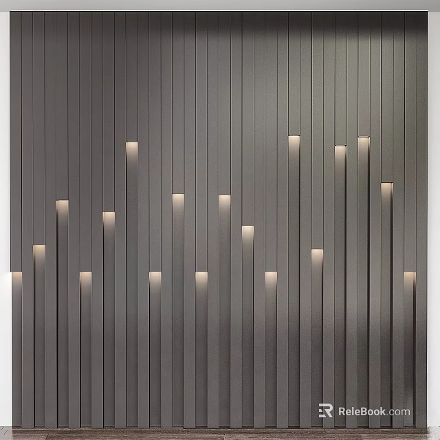 Modern Bed Accent Wall With Vertical Slats And Recessed Lights 3d model 