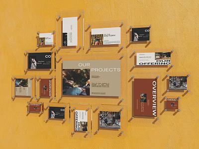 Photo Wall With Multiple Frames Displaying Our Projects On Yellow Background 3d model